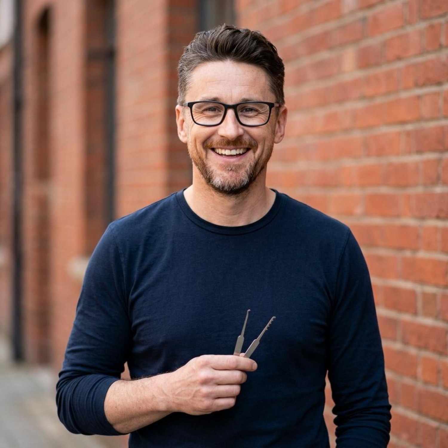 Tom Fitzgerald smiling against a brick wall