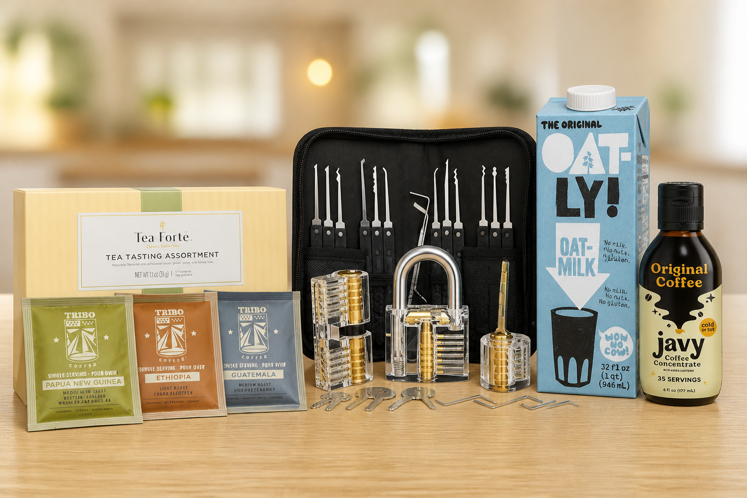 the kits laid out on a desk: lock picks and practice locks, coffee drippers, latte milks, tea