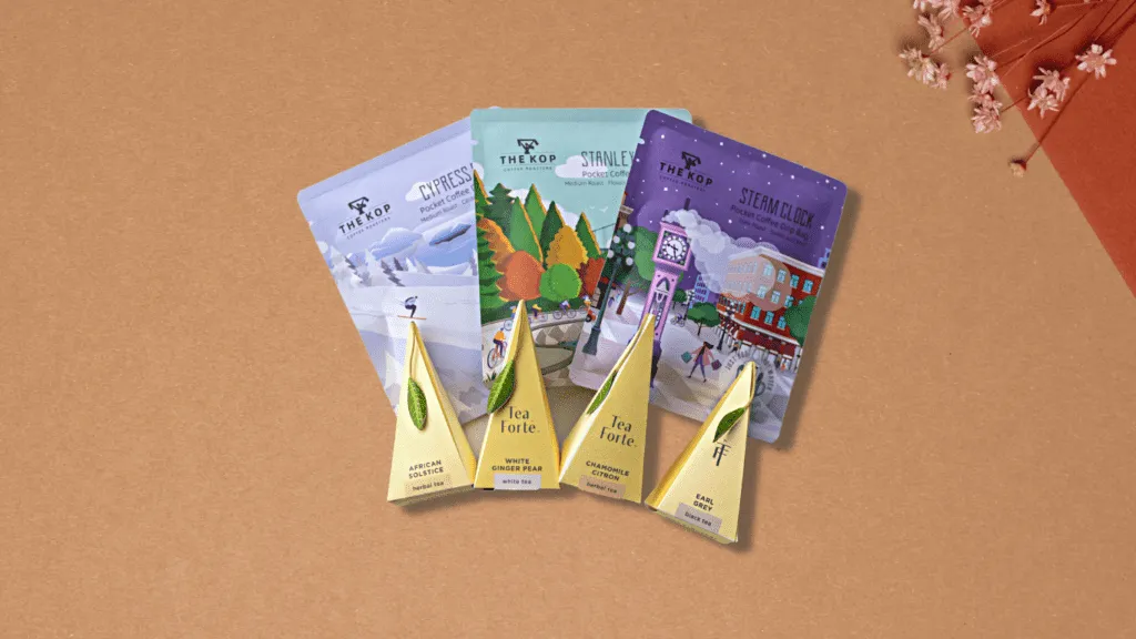 Coffee and tea bags for virtual tasting event