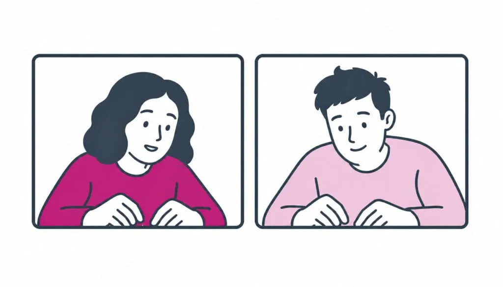 Illustration of two people in side-by-side video call tiles, both leaning toward the camera and concentrating on something just out of frame, one about to speak and the other half-smiling.