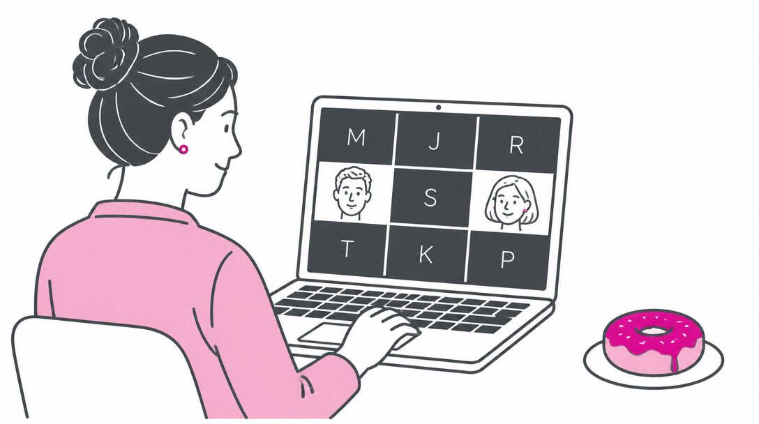 Illustration of a person seen from behind at a laptop, waiting on a video call where seven of nine tiles show only an initial with the camera off, and a jelly donut on a plate sits beside the laptop.