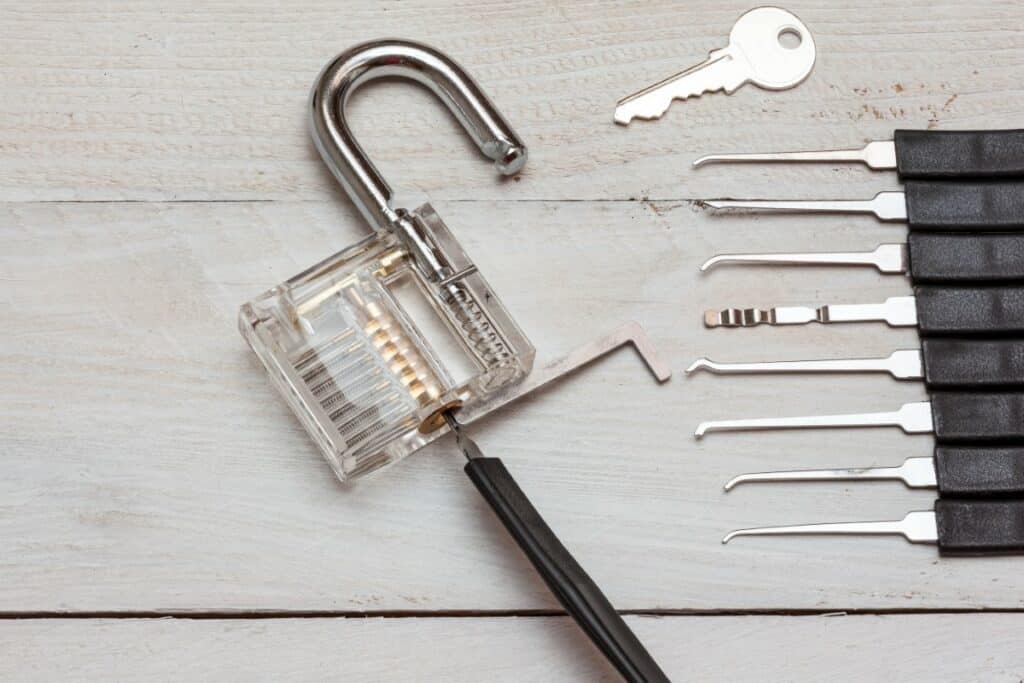 a Lock pick kit on a wooden table