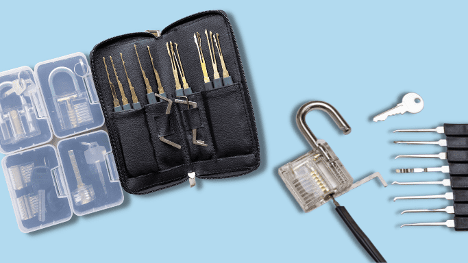 A flatlay of a padlock and a lockpicking kit with key