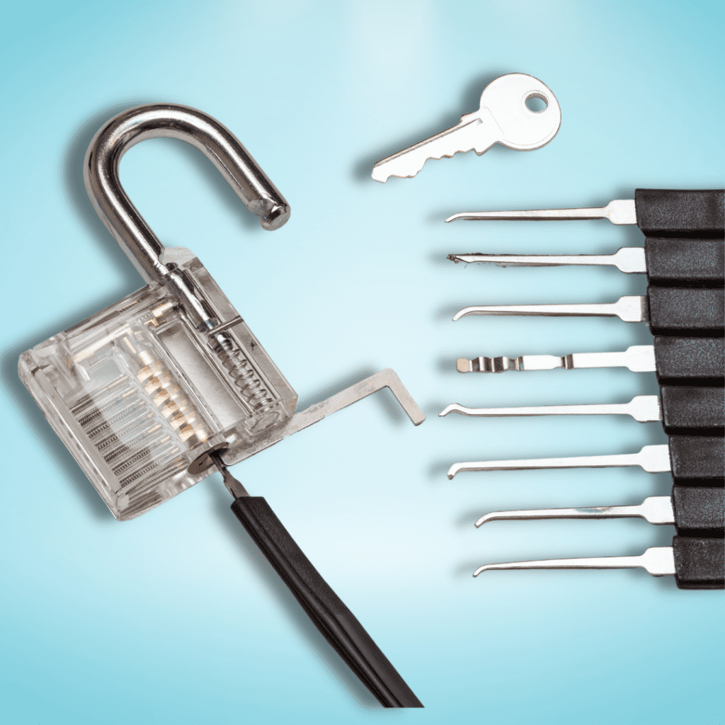 A flatlay of a padlock and a lockpicking kit with key