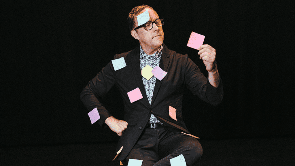 Magician Justin 'Bro' Gilbert covered in post it notes