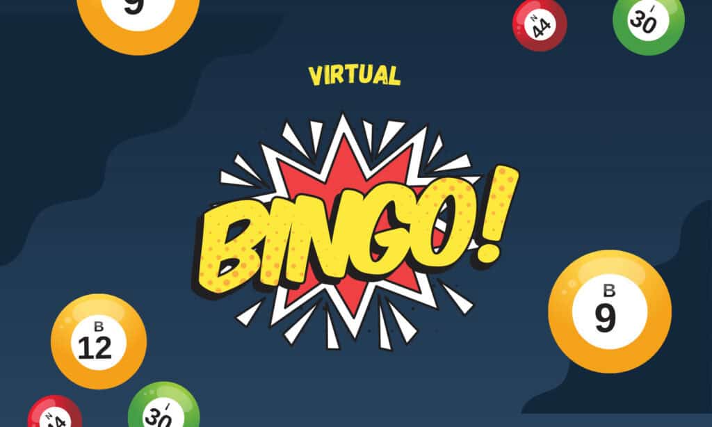 Colorful virtual bingo game with numbered balls and bingo card.